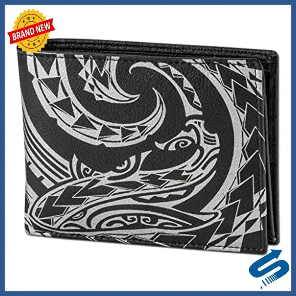 Genuine Leather Flip ID Bifold Wallet with Shark Tattoo Art